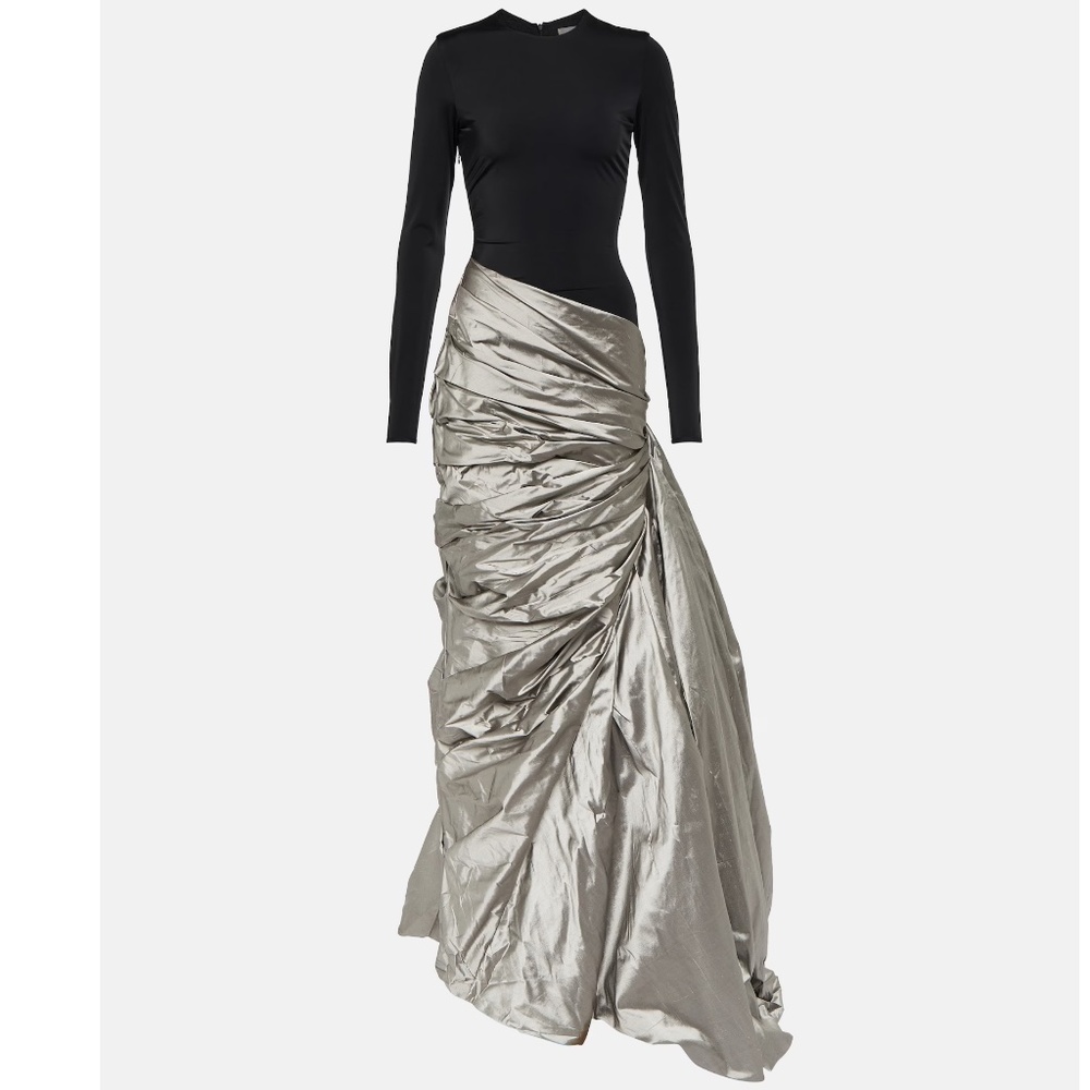 RASARIO: Designer Black and Silver draped silk-blend maxi gown